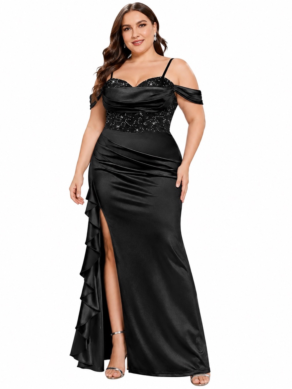 Miusol Black Off-Shoulder Sequin Plus-Size Prom Gown